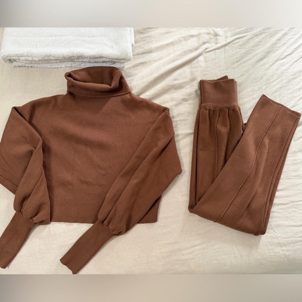 Brown Knit Classy Cropped Sweater and Pants Set